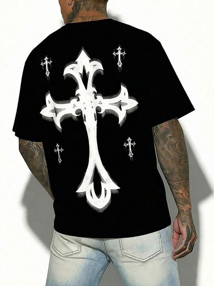 Men's Stylish Cross Print Casual Short Sleeve T-Shirt - Black - View 1