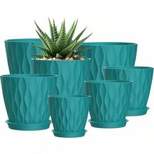 Inch Plant Pots 5 Pack, Flower Planters With Drainage Holes And Trays, Plastic Pots Indoor Outdoor Plants, White - 藍綠色 + 7+6.5+6+5.5+5+4.5+4英寸 - 查看 1