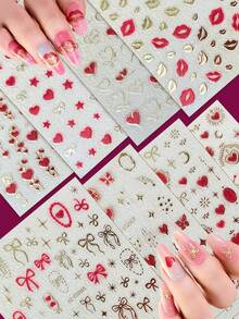 12 miếng dán móng tay hình trái tim đỏ ngày Valentine - 12 tờ dán móng tay 3D/hình trái tim/môi/nơ/mặt trăng/sao/bướm cho ngày Valentine, năm mới, Eid Al-Fitr - Miếng dán móng tay tự dính hiệu ứng hologram cực quang, phụ kiện làm móng cho nữ và bé gái, dụng cụ làm móng. - Nhiều màu - Xem 2