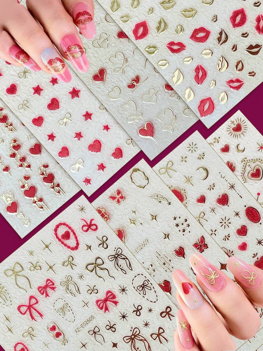 12 miếng dán móng tay hình trái tim đỏ ngày Valentine - 12 tờ dán móng tay 3D/hình trái tim/môi/nơ/mặt trăng/sao/bướm cho ngày Valentine, năm mới, Eid Al-Fitr - Miếng dán móng tay tự dính hiệu ứng hologram cực quang, phụ kiện làm móng cho nữ và bé gái, dụng cụ làm móng.