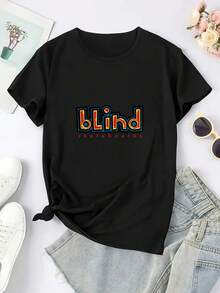 Women's Casual Short Sleeve T-Shirt - Soft And Breathable Polyester Blend, Quick Dry, Loose Fit, Bold 'Blind' Letter Print, Machine Washable, Suitable For Daily Outdoor Wear, Summer Clothes, Graphic Top, Lightweight Streetwear, Fashion Printed T-Shirt - 黑色 - 查看 2