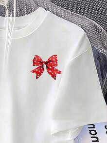 Tween Girls' Casual Bow Print Short Sleeve T-Shirt, Summer - White - View 4