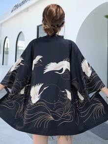 Áo khoác kimono dáng rộng in hình chim hạc kiểu Nhật cổ điển, nhẹ nhàng, đa năng, thích hợp mặc mùa xuân/hè. - màu đen - Xem 10