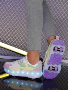 青少年轮滑鞋，带轮鞋，四轮轮滑鞋，小型四轮鞋，带LED充电发光功能的鞋子 - 紫色 - 查看 10