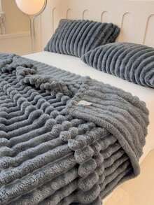 1件/3件套单人毯/披毯,含2个枕套,纯色加厚灰色/深灰色宽条纹仿兔毛牛奶绒法兰绒毯套装,多功能涤纶床罩,细条纹蓬松,不掉毛 - 深灰 - 查看 16