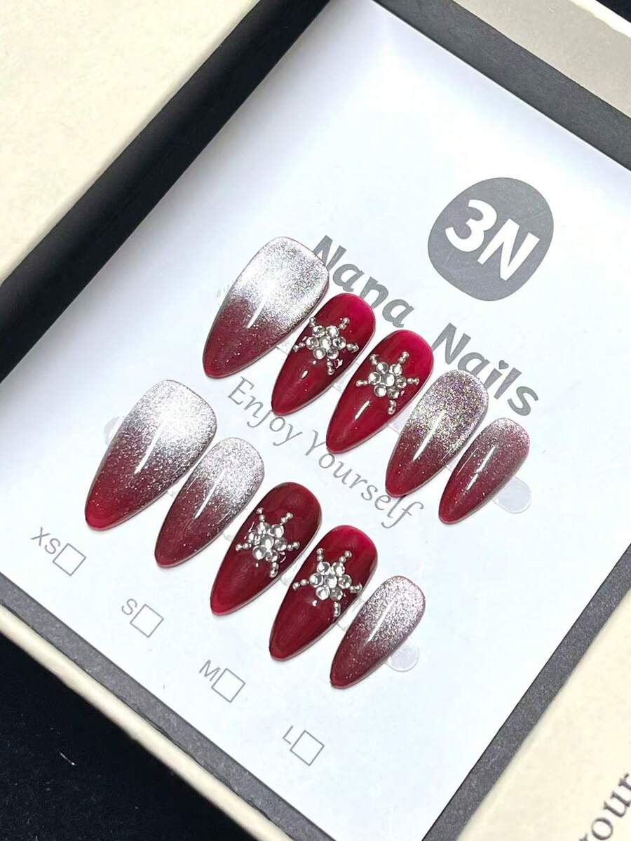 1 Paquete/10 Piezas - Uñas puntiagudas con efecto Starburst - Degradado de brillo rojo + Gemas metálicas de acento - Suministros de uñas hechos a mano - Rojo - Ver 1