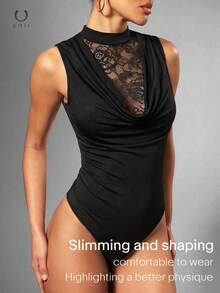 New Ruched Lace Patchwork Bodysuit, Sexy European Style, Slim Fit, Spring/Summer - Black - View 6