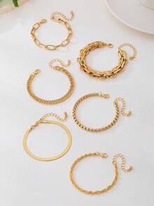 Set de 6 piezas de pulseras de cadena dorada minimalista clásica para mujeres, con estilo versátil para combinar y mezclar - Amarillo Oro - Ver 3