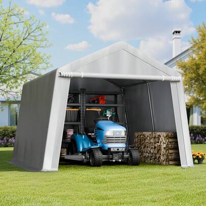 Outdoor Storage Shed, 10 X 10 Ft Portable Storage Tent With Roll-Up Door, Waterproof Canopy Shed Shelter, Heavy Duty Frame, Patio Garage Carport For Motorcycle, Lawn Mower, Bike, Grey