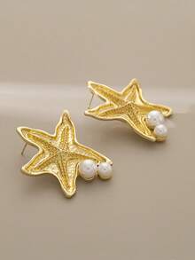 一对简约合金海星耳钉，饰以仿珍珠，适合日常、办公、派对佩戴 - 海星耳環 - 查看 6