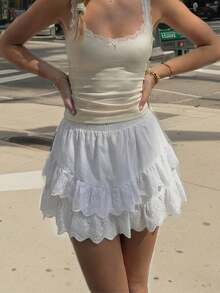 White Hollow Embroidered Ruffle Hem Mini Skirt | Elastic Waist Sweet Girl Skirt Suitable For Dates And Daily Wear - White - View 4