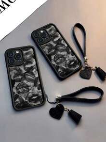 新款高端质感加厚防摔唇纹手机壳，配可拆卸皮革心形腕带，DIY手机挂饰，短款腕带 - 彩色 - 查看 3