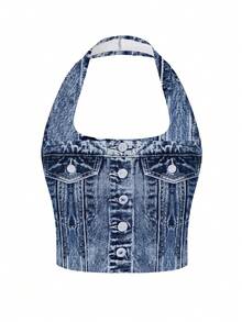 Women Sexy Blue Washed Denim Halter Neck Crop Top, Halter Square Neck Button Down Pocket Detail, Summer Hit, Suitable For Summer Party Going Out Girlfriends Gathering - Blue - View 7