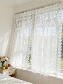 1 Stück weiße Prinzessin-Stil Vorhang - Cut Out Blumenmuster, bestickte Spitzenrüschen, Raffrollo-Design, ganzjährig, französischer Stil Voile Vorhang mit Raffung für Wohnzimmer Küche Bad Hochzeit Party Fenster Dekoration - Weiss - Übersicht 11