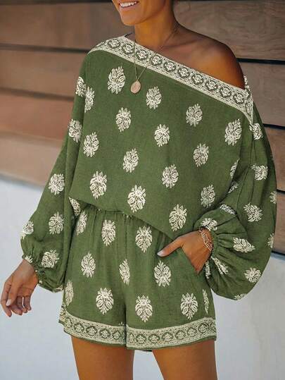 ChicMe Women's 2-Piece Bohemian Style Vacation Set, Asymmetrical Neck Lantern Sleeve Top Paired With Elastic Waist Shorts, Retro Baroque Print Casual Outfit