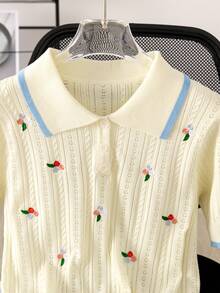 2026 New Spring/Summer Lightweight Knit Polo Collar Blouse With Premium Plant Embroidery & Cutout Design For Women - Apricot - View 3