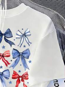 Tween Girls' Casual Bow Print Short Sleeve T-Shirt, Summer - White - View 6