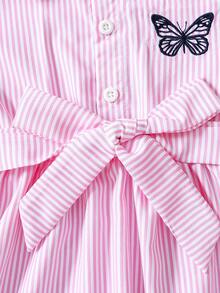 Summer Girls Toddler Pink & White Striped Shirt Dress, Pink & White Fine Stripe Fabric, Collared Button-Front Shirt Silhouette, Puff Short Sleeves With Cuffed Hem, Matching Fabric Oversized Bow Waist Belt To Cinch Waist, Black Butterfly Embroidery Decor On Left Chest, Fresh & Sweet Style With Preppy Vibe - Pink - View 7