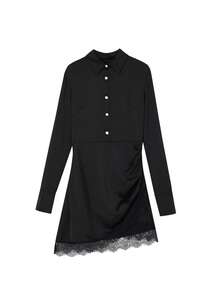 Women's Solid Color Elegant Casual Woven Fabric Front Button Lace Patchwork Ruffle Waist Shirt Collar Dress, Suitable For Office Wear In Autumn And Spring Black - Black - View 7
