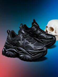 7cm Elevator Women's Outdoor Casual Sports Shoes With Detachable Punk Style 3D Metal Silver Butterfly Decor Chain, EVA Platform High-Top Sneakers, Lightweight Soft Shock-Absorbing Non-Slip Round Toe Lace-Up Black Shoes For College Students, Teens, Daily, Workout, Office Wear - Black - View 15