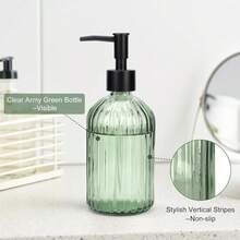 Topsky Glass Soap Dispenser With Black Plastic Pump, 400ml Liquid Hand Soap Dispenser, Rustproof Pump For Kitchen & Bathroom, Great For Lotions, Essential Oil, Liquid Soaps (FArmyss Green) - 條紋綠 - 查看 3