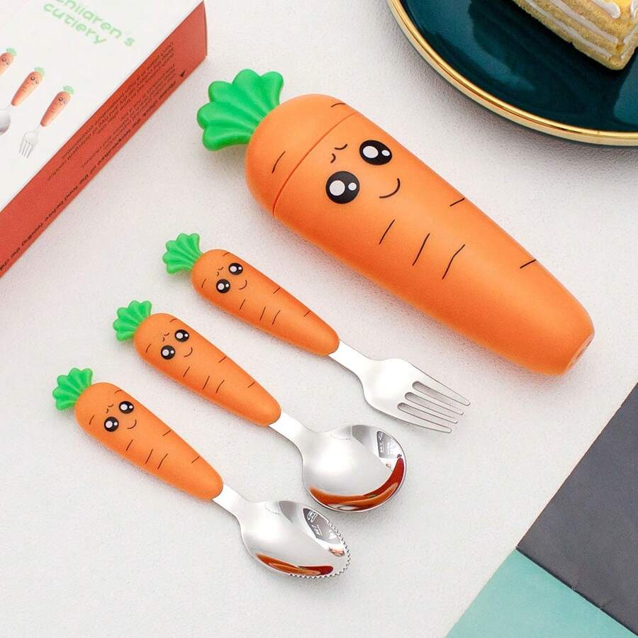 1 Set 304 Stainless Steel Cutlery, Fork And Spoon, Creative Cartoon Carrot Design Tableware