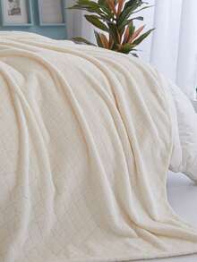 1pc Single Layer Thickened Fleece Plaid Solid Color Bedspread For All Seasons - White - View 9