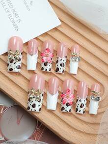 10 Peças Unhas Postiças Longas com Estampa Floral Francesa, Adesivos de Unhas Acrílicas Feitos à Mão com Padrões de Leopardo & Floral. Conjunto de Unhas DIY Holográfico Y2K com Flores Degradê 3D, Laços e Motivos de Cereja para Salões de Unhas, Manicures Diárias, Festivais e Festas, Suprimentos - Multicolorido - Visão 6