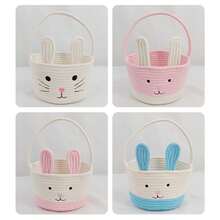 Easter Bunny Basket Cute Contrast Color Rope Easter Bucket Tote With Long Handle For Home Party School - 粉色 - 查看 5