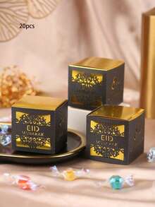20pcs/Pack Eid Al-Adha, Eid Mubarak Hollow Paper Gift Boxes, Ramadan Party Favor Boxes - Multicolor - View 3