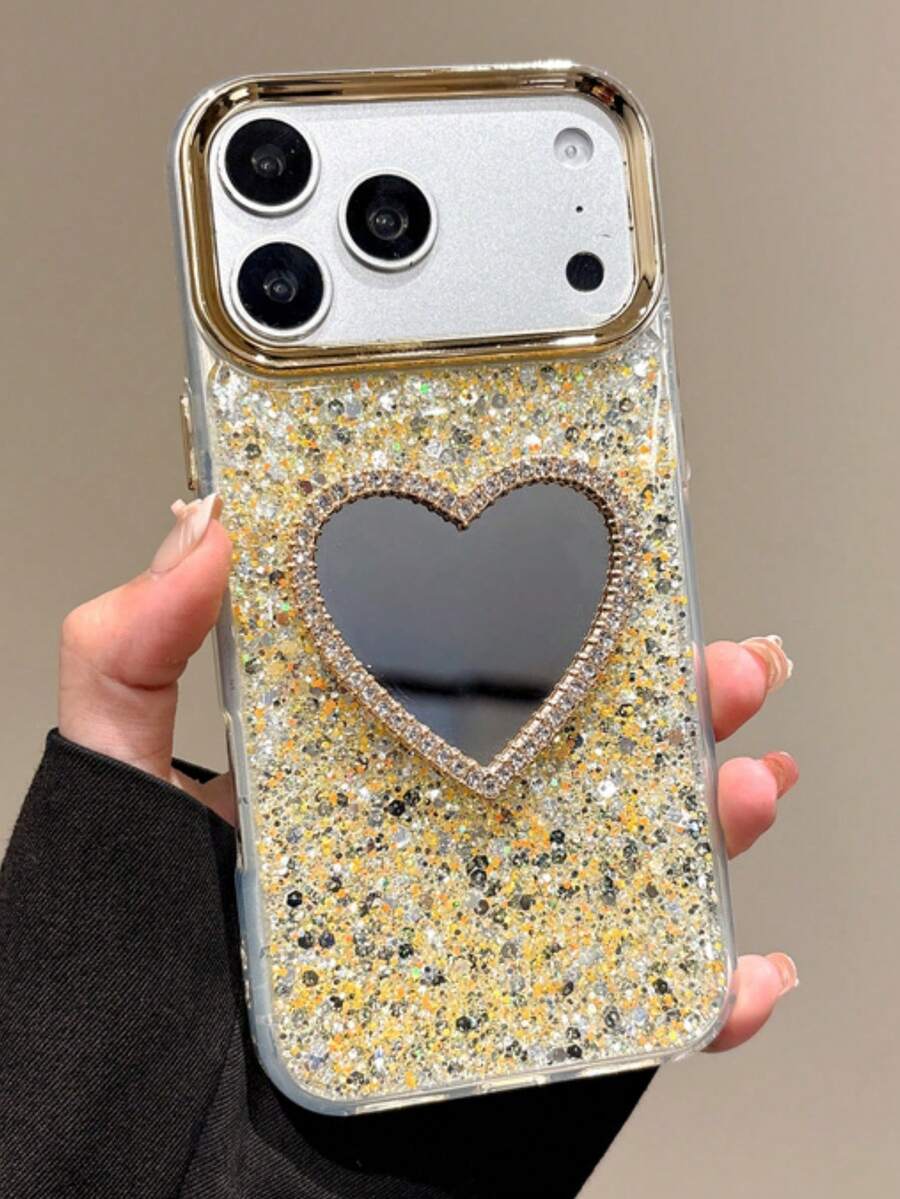 1pc Luxury Bling Glitter Golden Sequin Electroplated Camera Frame Diamond Mirrored Heart Phone Case Compatible With IPhone 17 Pro Max Air 17 Pro 16 15 14 13 12 Pro Max Plus Soft TPU Back Cover - Gold - View 1
