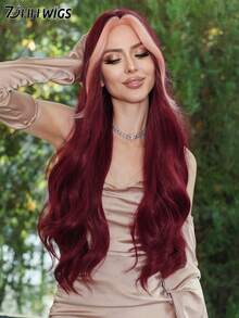 7JHH WIGS 28 Inch Extra Long Wavy Wine Red Wig For Women, Mixed With Pink Highlights Fluffy Wavy Curly Hair With Bangs, Made Of Heat-Resistant Synthetic Fiber, Suitable For Daily Wear, Music Festivals, Halloween Costume Parties And Other Occasions - Burgundy - View 6