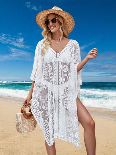 1pc Geometric Pattern Casual Polyester Chiffon Cover-Up, Sexy & Versatile For Summer Beach
