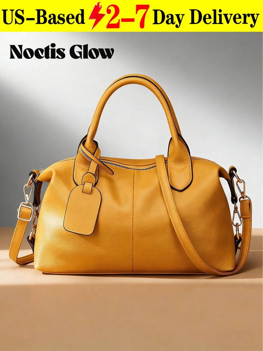 Genuine Leather Satchel Tote Bag Top Handle Handbag Designer Shoulder Bag Large Capacity Cross Body Bag,New Vintage PU Leather Women Handbag, Fashion Zipper Shoulder Bag With Detachable Strap, Women Work Travel 2-In-1 Bag, Gray, Black, Green - 彩色 - 查看 1