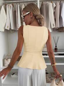 1 pieza Blusa con volante en el bajo de tela de punto de unicolor, uso casual de verano en color negro - Albaricoque 2 - Ver 4