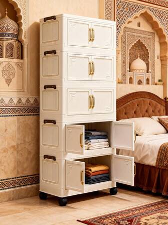 1 pieza Armario de almacenamiento plegable de 50 cm/19.69 pulgadas de ancho, caja de almacenamiento de ropa, armario portátil, caja plegable de doble puerta, opcional de 1-6 capas, puerta doble reforzada con ruedas, gabinete de almacenamiento para uso doméstico sin montaje, organizador de ropa y juguetes, gabinete de almacenamiento plegable de plástico