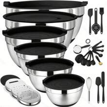 TAIMASI Mixing Bowls With Airtight Lids Set, 26PCS Stainless Steel Khaki Bowls With Grater Attachments, Non-Slip Bottoms & Kitchen Gadgets Set, Size 4.5, 3.6, 2.7, 2.1,1.7, 1.1QT, Great For Mixing & Serving - 黑色 - 查看 10
