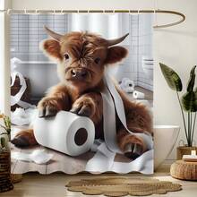 Cute Highland Cow Bathroom Curtain Set, Includes Non-Slip Bath Mat, U-Shaped Rug, Toilet Lid Cover - Waterproof Polyester Fabric Bathroom Window Curtain With 12 Hooks, Machine Washable, Seasonal Animal Theme Decor, Bathroom Divider, Shower Curtain Set, Ideal For Home Decor, Holidays, Daily Decoration, Bathroom Decor, Shower Decor, And Gift Giving - Multicolor - View 3