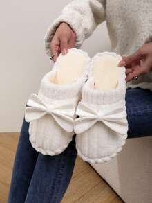 Women's Bow-Knot Plush Warm Slippers, Comfortable Indoor Anti-Slip Bedroom Slippers For Hardwood Floors, Suitable For Autumn/Winter