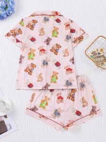 两件套可爱彩色小熊印花睡衣套装，女士舒适短袖翻领纽扣衬衫搭配宽松弹力短裤，时尚百搭，适合户外、室内、四季穿着。 - 藕粉色 - 查看 2