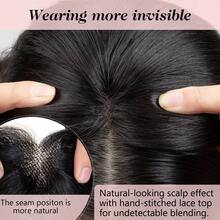 12英寸法式刘海透气蕾丝蛋白丝顶假发，手工制作逼真头皮，360°遮盖白发根，自然融合，夹式设计瞬间增加发量，专为头发稀疏人士设计 - 彩色 - 查看 5