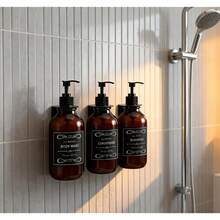 Shampoo And Conditioner Dispenser Set Wall Mount, 3Pack Refillable No Drill Shampoo Bottles For Shower With Labels 17oz Drill Free Body Wash Dispensers For Bathroom Shower Soap Bottles Black Pump - Amber - 查看 9