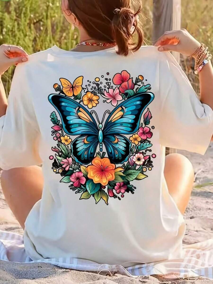 Women's Stylish Butterfly And Vibrant Flower T-Shirt/Blouse, 100% Cotton - On - trắng - Xem 1