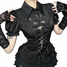CF25140 Gothic Style Cross Hollow Lolita Shirt Subculture Versatile New Palace Style Short Sleeve - màu đen - Xem 6