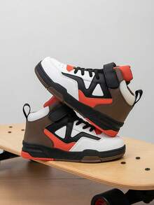 1 Pair Children's High-Top All-Season Sports Shoes, Breathable Casual Running Shoes, Easy To Put On And Take Off, Lightweight, Comfortable, Fashionable Color-Block Patchwork, College Style, Suitable For Boys And Girls - Orange - View 6