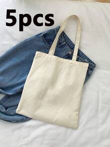 10pcs/Set Women Simple Canvas Tote Bag, Open-Top Canvas Shoulder Bag, Handbag, Simple Schoolbag For Elementary, High School And College Students, File Folder, Travel Bag - Beige - View 12