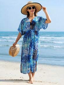 女士度假印花沙滩罩衫系带开衫防晒霜 - 彩色 - 查看 4