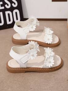 1 Pair Summer Floral Print Flat Sandals, Elegant White Flower Design With Pearl Decor, Hook And Loop Closure For Easy Wear, Suitable For Girls, Beach & Holiday Wear - Beige - View 6