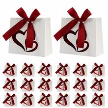 10pcs New European Style Double Heart Hot Stamping Gift Box | Valentine's Day Wedding Favor Candy Box With Ribbon