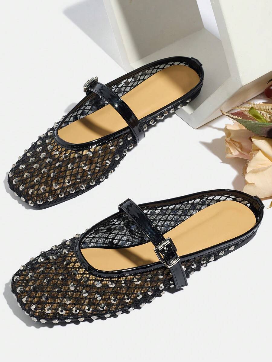 Große Größen Sandalen mit Strass-Dekor, schwarze Sandalen mit quadratischer Zehenpartie, vielseitig einsetzbare, atmungsaktive Mesh-Sommersandalen, Neuheit 2026 - Schwarz - Übersicht 1